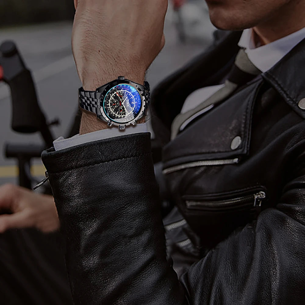 Yaguzi® 3-Dial Automatic Watch – Blue Glass Edition